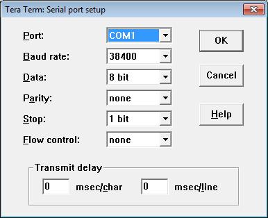 3. Configure the PC terminal emulation software, selecting the correct COM port and setting the serial port characteristics to 38400 baud, 8 data bits, 1 stop bit, no parity and no flow control.