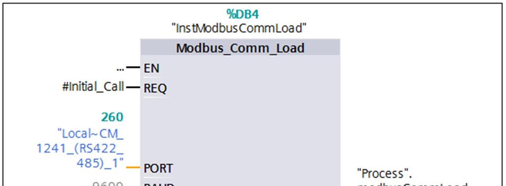 1.2.1 Modbus_Comm_Load The configuration block "Modbus_Comm_Load" is called on both sides (master and slave) for MODBUS communication.