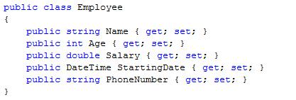 45 The new Employee class with its two properties Name and Age is the equivalent to all of the code we had before.