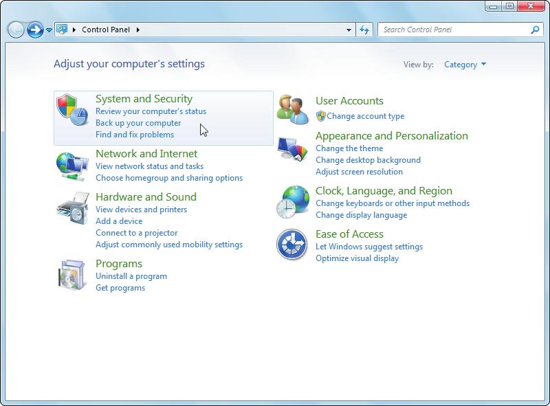 Part 5 System and Security The foremost utility for system maintenance and security in Windows 7 is the Control Panel, as shown in the following figure.