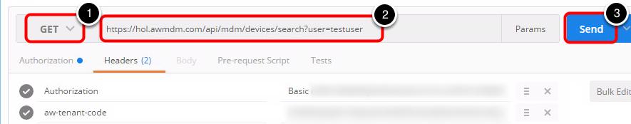 2. Enter the URL "https://hol.awmdm.com/api/mdm/devices/ search?user=testuser" in the URL field.