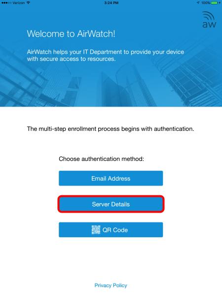 Choose the Enrollment Method Click on the Server Details button. Attach the AirWatch MDM Agent to the HOL Sandbox Once the Agent has launched you can enroll the device.