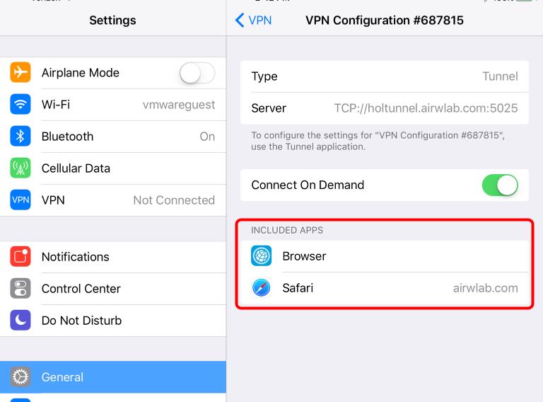 View Included Per-App VPN Apps Note all managed applications from the AirWatch console enabled to use Per-App VPN and domains listed in Safari Domains in the VPN profile will appear in this list.