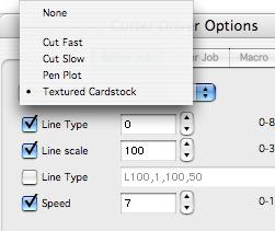 2. On the new pop-up screen, select a default or pre-set cutting speed from the first drop-down menu.