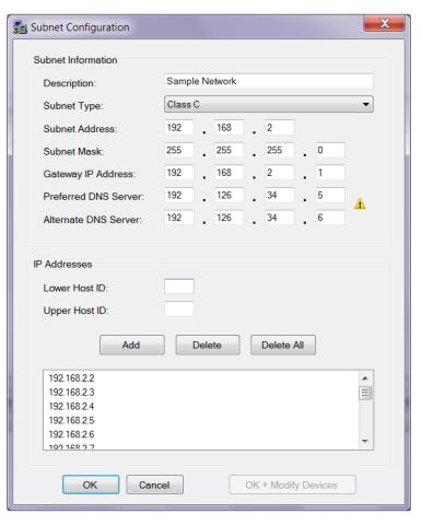 The example below shows the form filled out for a Class C network. The range of addresses available for the IP Solutions Tool to scan and/or assign to devices will be 192.