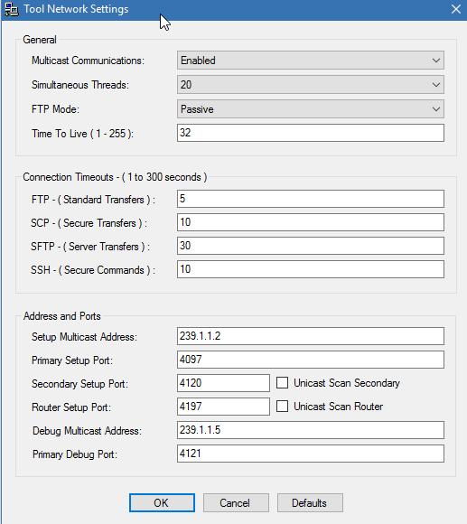 Tool Network Settings Tool Network Settings can be accessed by the Settings button.