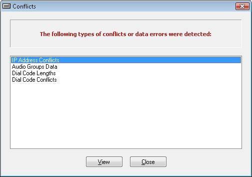 Figure 25: Conflicts Dialog Box Details of the conflicts that are shown may be viewed directly by clicking the conflict type, then clicking the View button.