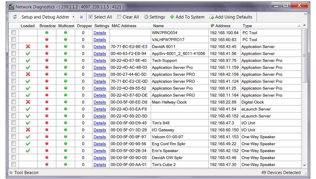 Network Diagnostics The Network Diagnostics option provides a listing of the devices found on the network, with real-time updating.