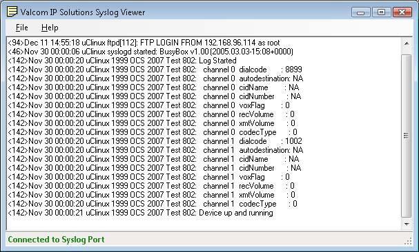 Figure 36: Syslog Viewer Dialog Box The File menu in the Syslog Viewer has the following functions: Connect starts the viewer application listening on the standard syslog port (UDP / 514).