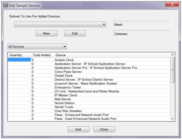 Figure 44: Add Sample Devices Dialog Box You may also filter the device type list by selecting from the dropdown box above the list. The default is All Devices.