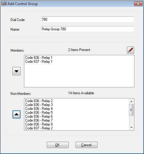 To define a Control Group, click the Add button. A new Dialog Box will be displayed to create the group and define which relays are to be included in the group.