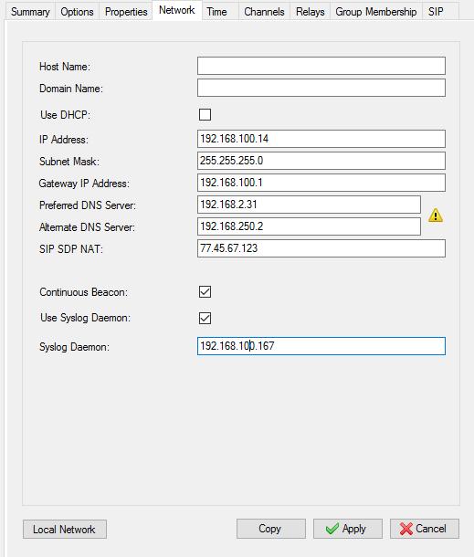 Figure 97: Network Tab Dialog Box The Copy button on the Network Tab provides a convenient way to copy the Beacon, Syslog, Subnet Mask, Gateway and DNS Server settings to other Valcom IP endpoints.