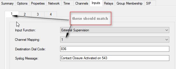 Channel Mapping selection determines to which channel the supervision will be sent. The Channel Mapping must match the Input number being programmed (see the example below).