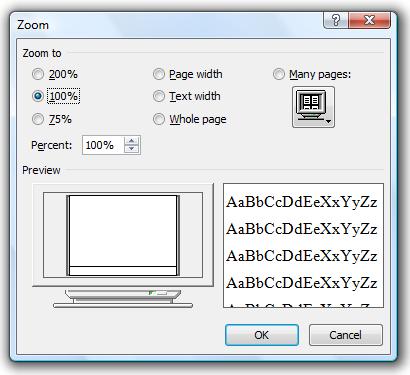 Exercise 5. Zooming in a Document 1) Locate the zooming tools in the bottom right of the window. 2) Click the + button to zoom in on the document. 3) Click the button to zoom out of the document.