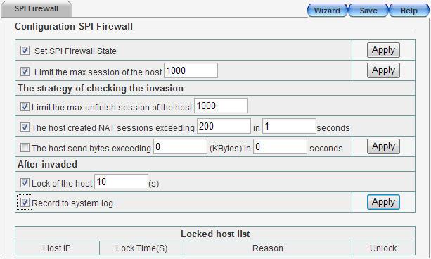 Press Delete button to delete a rule after select a rule. 6.10 SPI Firewall SPI, the all name is Stateful Packet Inspection, also known as SPI Firewall.