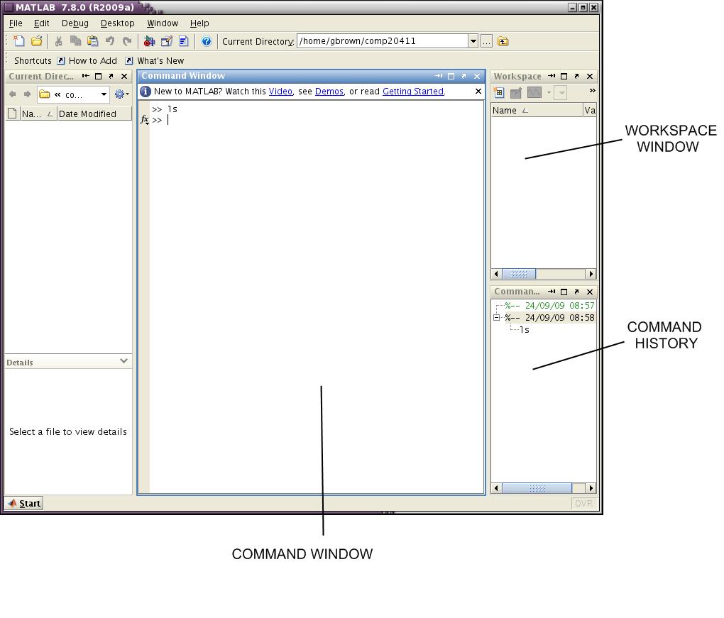 Figure 1: The Matlab Window. The Command Window is where you enter commands. The Workspace Window shows the variables defined in the workspace.