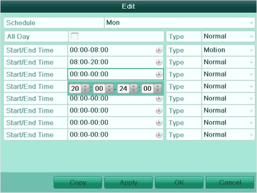 Figure 5. 7 Edit Schedule- Set Time Period Up to 8 periods can be configured for each day.