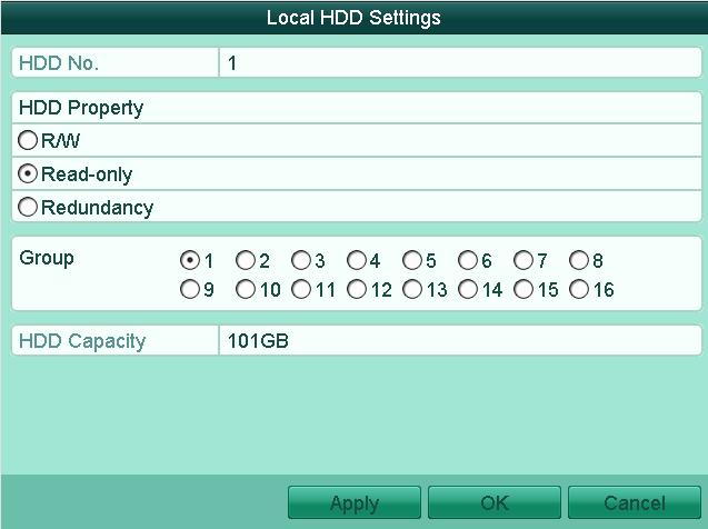 Click OK to save settings and back to the upper level menu. You cannot save any files in a Read-only HDD. If you want to save files in the HDD, change the property to R/W.