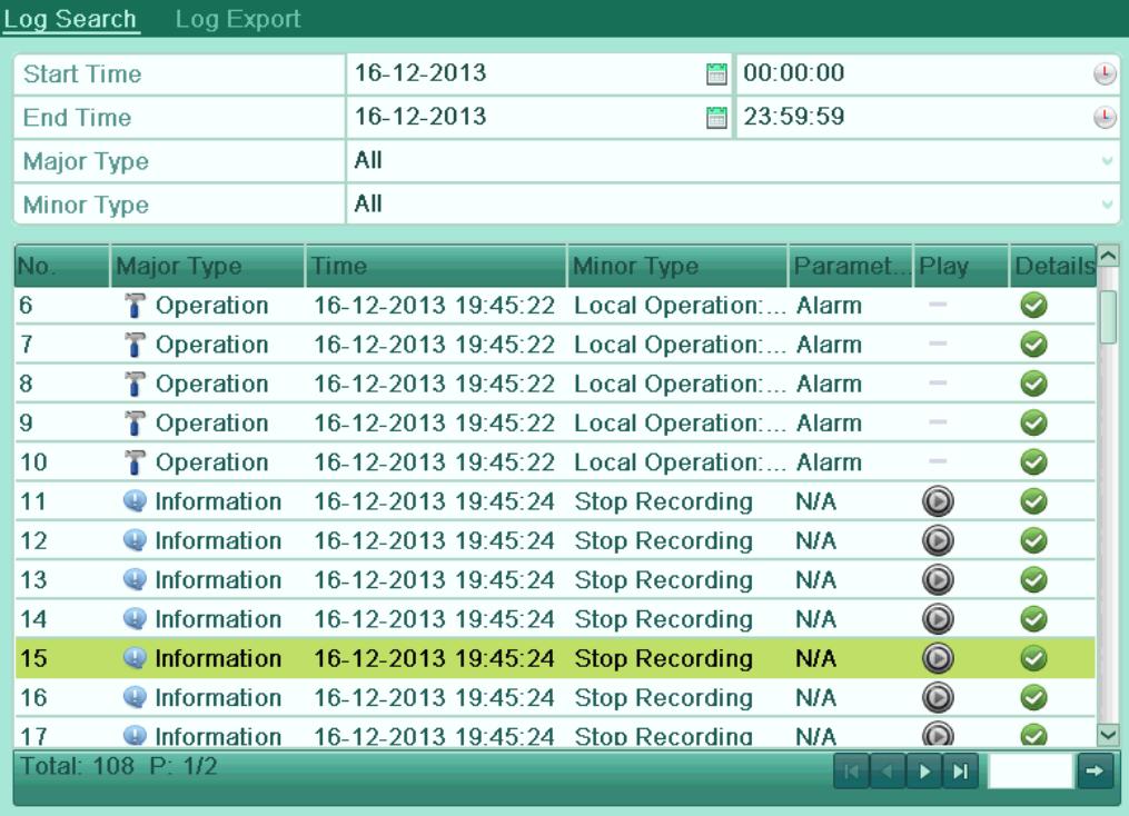 If there is no record file at the time point of the log, the message box No result found will