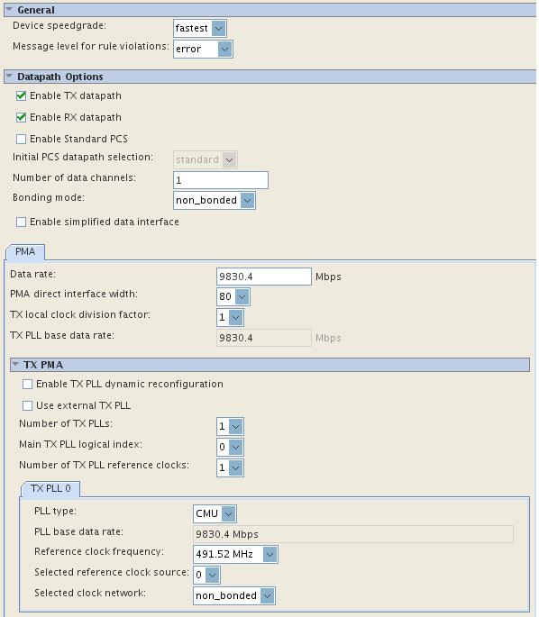 Native PHY IP Settings in PMA Direct Mode Figure :