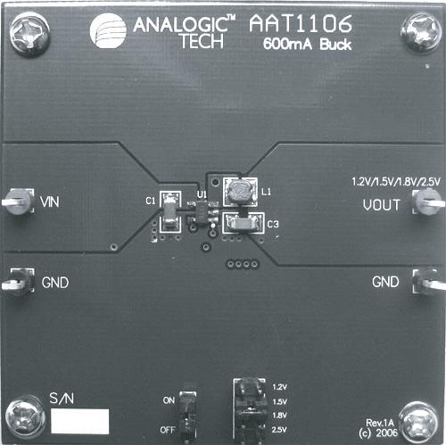 Introduction The AAT1106 Evaluation Board contains a fully tested 600mA, 1.5MHz Step-Down DC/DC Regulator. The circuit has an input voltage range of 2.5V to 5.5V and four preset selectable outputs (1.