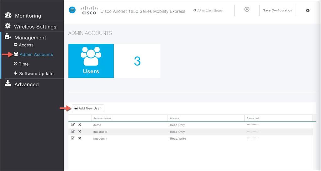Managing Admin Accounts Managing Admin Accounts Cisco Mobility Express supports creation of admin usernames and passwords to prevent unauthorized users from reconfiguring the controller and viewing