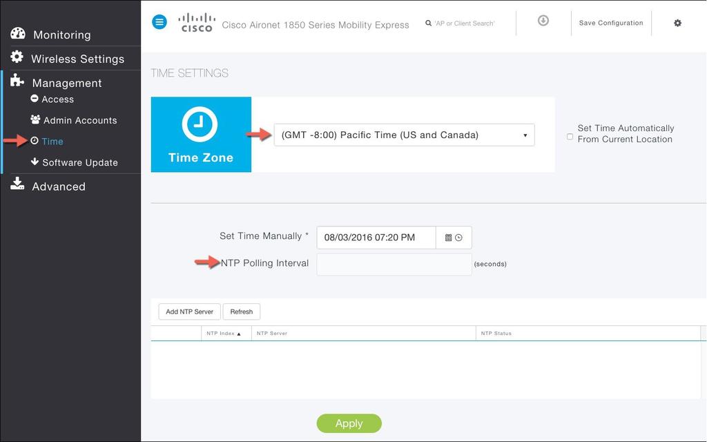Managing TIME on Mobility Express Controller Managing TIME on Mobility Express Controller The system date and time on the Cisco Mobility Express controller is first configured when running the