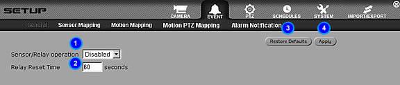 Event Settings 1. Sensor/Relay Operation Indicates if sensors and relays operation are enabled or disabled. If there are none attached to the DVR Server, make sure that this is set to disabled.