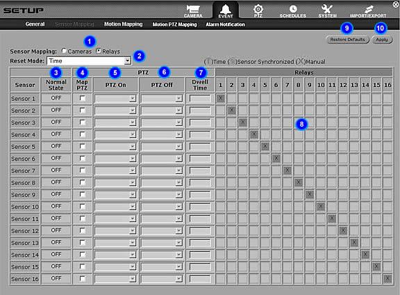 Sensor Mapping Map Sensors 1. To map the sensors to cameras, simply select Cameras in the Sensor Mapping option. Click on the grid to place an "O" to mark the sensor-camera mapping.