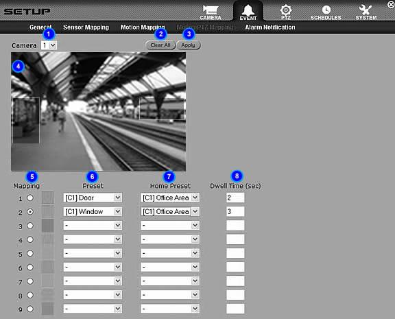 Motion PTZ Mapping Set Motion PTZ Mapping Zone(s) 1. To set detection zone(s), first select the camera desired by choosing from the Camera drop down list menu. 2. Select one of the nine (9) mappings.