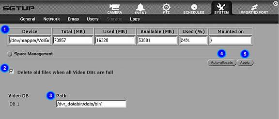 Storage 1. Drive Information Displays the name of the partition, total space, used space, available space, used space in percentage, and mount directory of the available partitions in the DVR server.