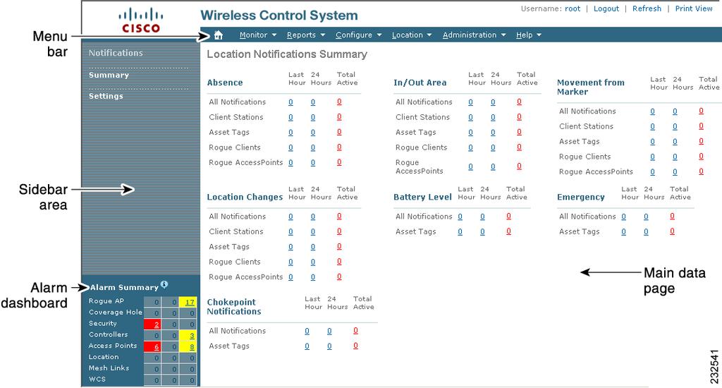 Using the Cisco WCS User Interface Chapter 2 Figure 2-9 WCS User Interface The following sections describe the Cisco WCS user interface page areas and how to use them: Menu Bar, page 2-22 Sidebar