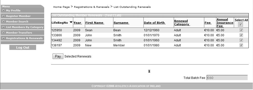 How do I change the sorting of the membership renewal list? To sort the list in a different way using some other column (e.g. Surname), click on the top of that particular column and the sorting of the list will be changed.