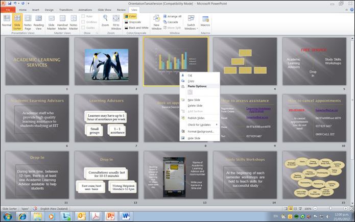 LIBRARY AND LEARNING SERVICES POWERPOINT BASICS Slide Sorter View View >>Slide