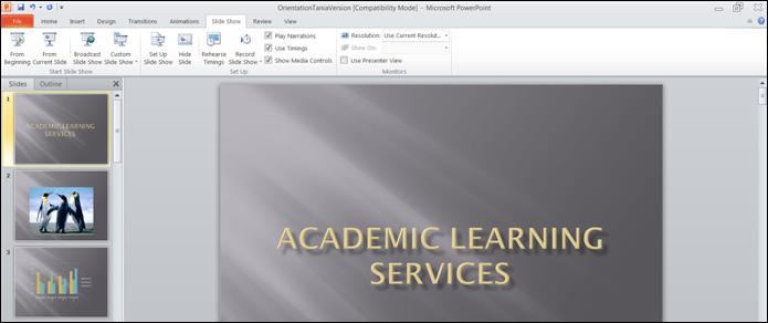 Deleting a Slide LIBRARY AND LEARNING SERVICES POWERPOINT BASICS Select the slide that you would like to delete and press the Delete key on the keyboard OR right click on the selected slide and