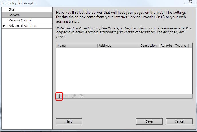Next, select the Servers option. From the Server options, click on the plus sign to create a new site.