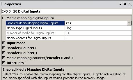 All digital inputs of the PCD3 Compact PC module can be mapped in flags or registers. Select under Onboard Inputs/Outputs the line I/O 0, all corresponding properties appears on the right side.