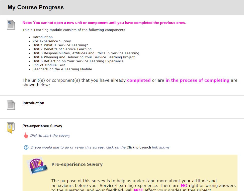V. Checking your Progress with My Course Progress 5.1 On the left hand side of your screen, you will find a green menu which helps you to check your course progress. 5.2 You can review your course progress.