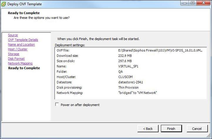 Verify the deployment settings for the OVF Template and click Finish