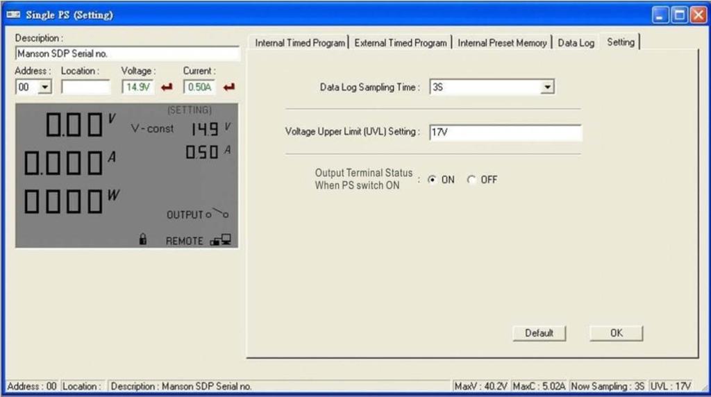 1. Setting Window In Setting Window, the Data Log Sampling Time, Voltage Upper Limit Setting and the Output Terminal ON or OFF at next power up can be set by User.