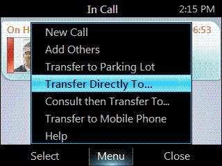 To add more participants repeat these steps. Transfer a call You can transfer calls directly to someone else, to a Parking Lot, or to your mobile phone.