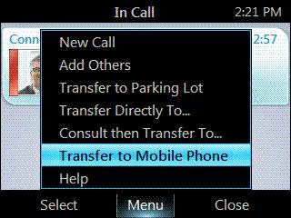 Transfer a call to a mobile phone From the In Call screen, select Menu, and then select Transfer