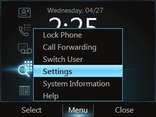 Access phone settings and help You can access Help and configure the following settings on your phone: Volume Brightness Logging Desk Phone Location Make Test Call Ring Tones Phone-Unlock PIN Time