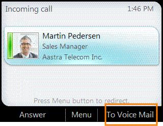 Receive a call In addition to answering a call, you can also redirect the call to your voice mail.
