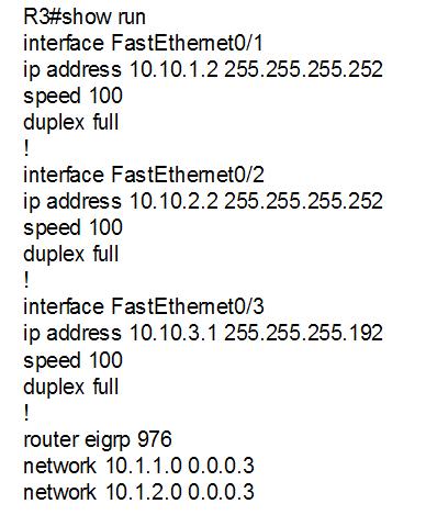Refer to the exhibit and configuration shown above. Routers R1 and R2 are properly configured with eigrp 976 protocol and are able to ping interfaces fa0/1 and fa0/2, respectively.