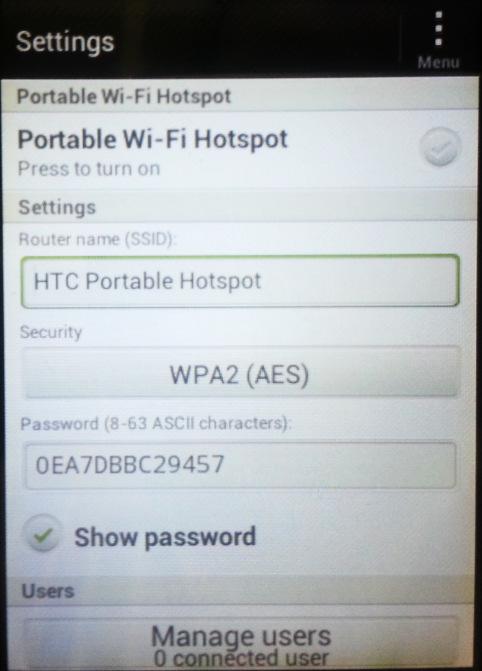 Tethering (Using the HTC as a Wireless Router for a laptop) If you are going to tether a laptop to your HTC wirelessly for internet connection, go to the Menu Key, and find the icon for Wi-Fi Hot