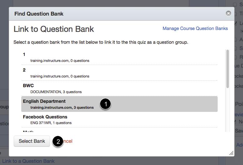 Name Question Group Give your question group a name [1]. Click Link to a Question Bank to reference an existing pool of questions [2].
