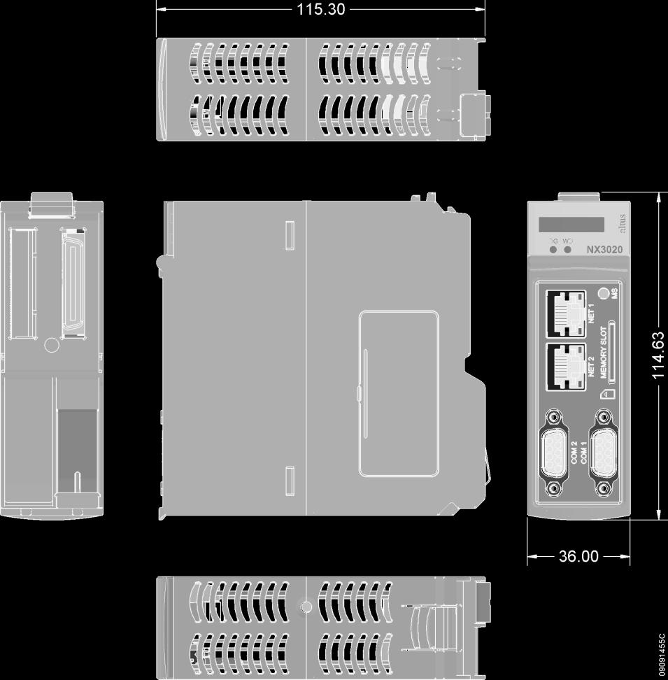 NX3010, NX3020 and NX3030 Dimensions in mm. Installation All information about electrical installation, mechanical assembly and module insertion can be found at CPUs User Manual - MU214605.