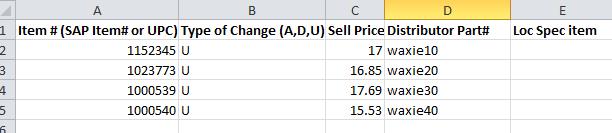 3. The information that should be filled in on the downloaded form is item #, type of changes (A for Add, D for Delete, U for Update), sell price, distributor part # and Location Specific Item, if