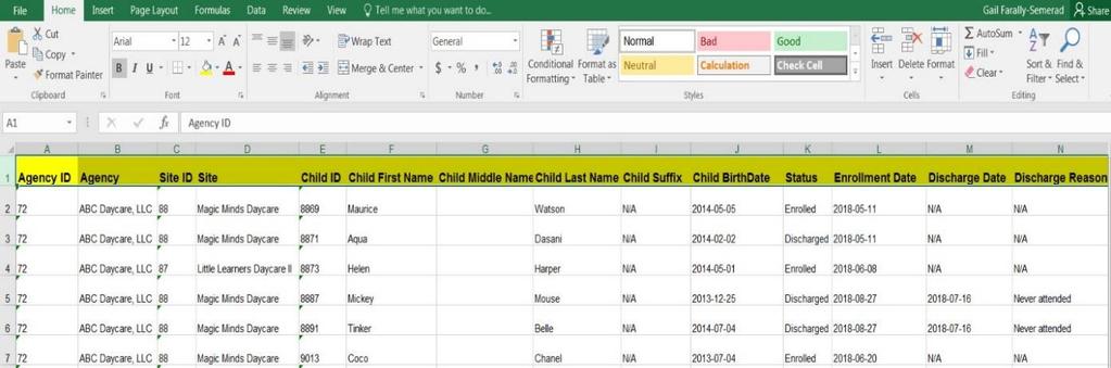 P a g e 12 The Advanced Basic Export includes Agency ID #, Agency, Site ID #, Child ID #, Child First,